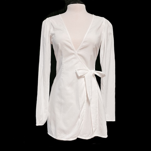 WeWoreWhat Blanca Wrap Dress Womens Size Small White Plunge Long Sleeve Poplin - Picture 2 of 16